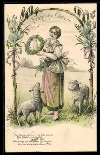 Lithographie Dame mit Kranz und Lämmern, Ostern