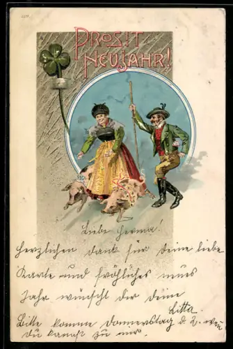 Präge-AK Paar in Trachten mit zwei Glücksschweinen, Neujahr