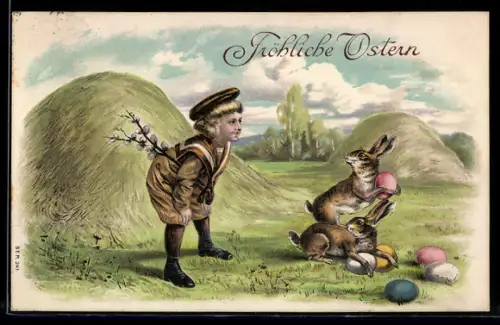 Präge-AK Kind betrachtet die Osterhasen mit bunten Eiern auf der Heuwiese