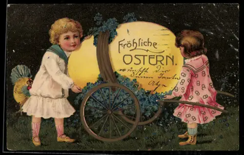Präge-AK Kinder mit Ostereigespann, Fröhliche Ostern