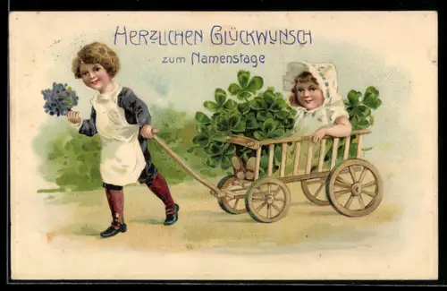 Präge-AK Kinder mit Bollerwagen, Namenstag