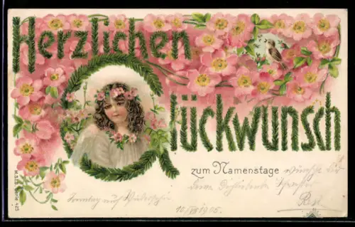 Präge-AK Engel und Vogel in einem Meer roter Blumenblüten, Namenstag