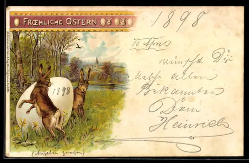 Lithographie Zwei Osterhasen mit einem grossen Osterei, Froehliche Ostern