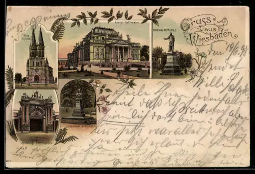 Lithographie Wiesbaden, Königliches Hoftheater, Denkmal Wilhelm I. und Ringkirche