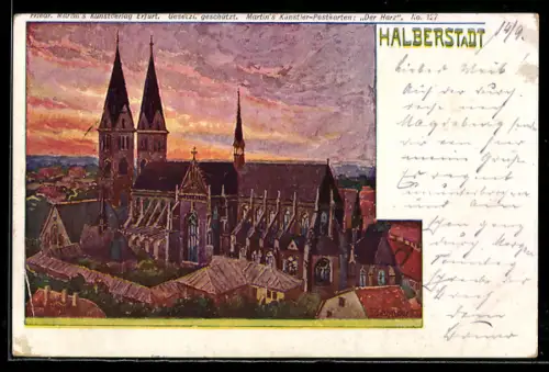 Künstler-AK H. Bahndorf: Halberstadt, Teilansicht mit Kirche während der Dämmerung