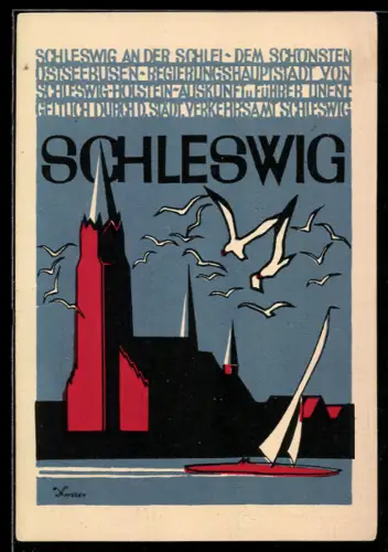 Künstler-AK sign. Knissen: Schleswig an der Schlei, Kirche mit Möwen und Segelboot