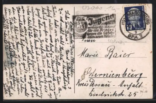 AK Propagandastempel Magdeburg, Jugend vereinige dich im Kampf für den Frieden gegen die Gefahr eines neuen Krieges