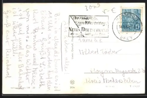 AK Propagandastempel Magdeburg, Vorwärts zum Parteitag! Neues Deutschland - die richtige Zeitung für Dich!