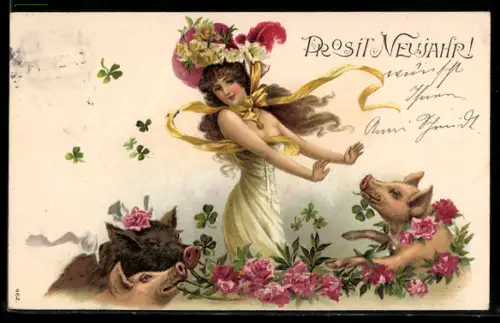 AK Schweine halten Rosengirlanden, Frau in grünem Kleid mit Hut, Kleeblätter