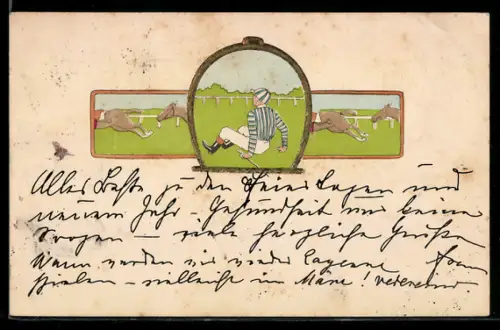 AK Rennbahn, Abgeworfener Jockey und rennende Pferde, Hufeisen-Rahmen