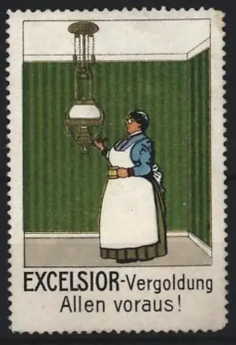Reklamemarke Excelsior-Vergoldung, Frau mit vergoldeter Lampe