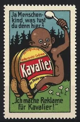 Reklamemarke Kavalier Lederputz-Creme, Kind mit Schuhen und Dose