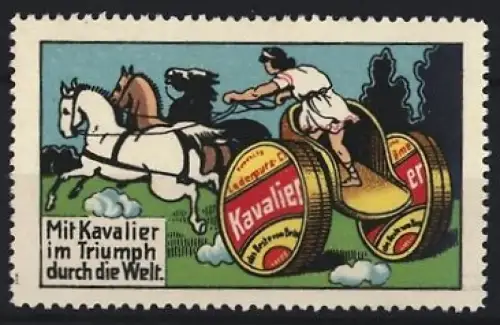 Reklamemarke Kavalier Lederputz-Creme, Streitwagen mit Rädern aus Dosen
