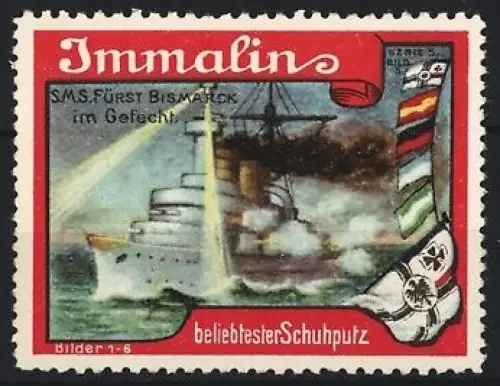 Reklamemarke Immalin Schuhputz, SMS Fürst Bismarck im Gefecht
