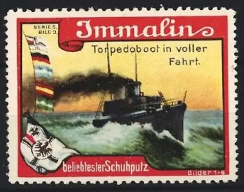Reklamemarke Immalin Schuhputz, Torpedoboot in voller Fahrt