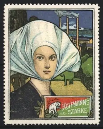 Reklamemarke Hoffmann`s Stärkefabriken, Frau mit Haube