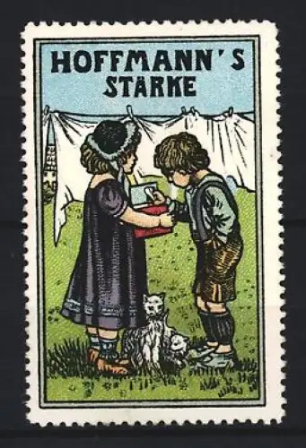 Reklamemarke Hoffmann`s Stärke, Kinder mit Wäscheleine und Katzen