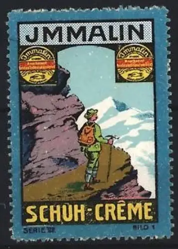 Reklamemarke Jmmalin Schuh-Creme, Bergsteiger mit Bergpanorama