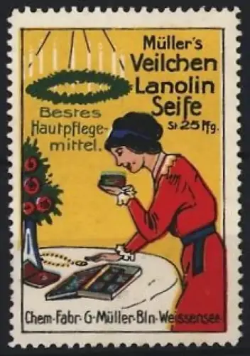 Reklamemarke Berlin-Weissensee, Müller`s Veilchen Lanolin Seife, Frau mit Seife