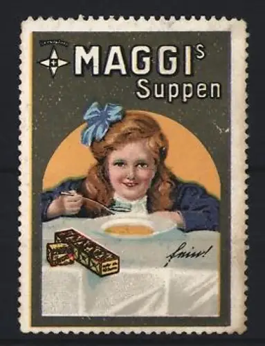 Reklamemarke Maggi`s Suppen, Kind mit Suppe und Maggi-Würze