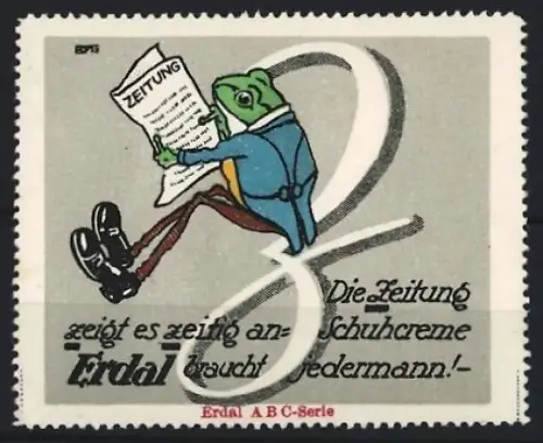 Reklamemarke Erdal Schuhcreme, Frosch mit Zeitung