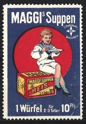 Reklamemarke Maggi Suppen, Junge auf Suppenwürfel