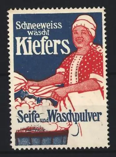 Reklamemarke Kiefers Seife und Waschpulver, Frau beim Waschen