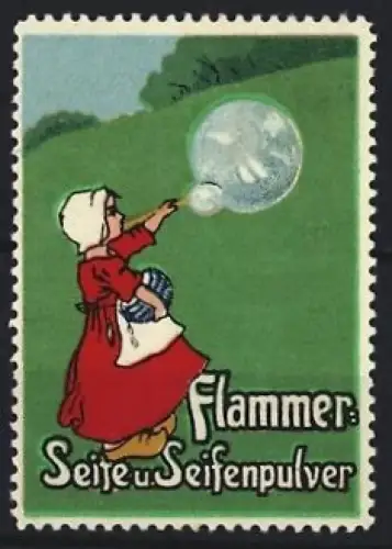 Reklamemarke Flammer Seife u. Seifenpulver, Seifenblase mit Kind
