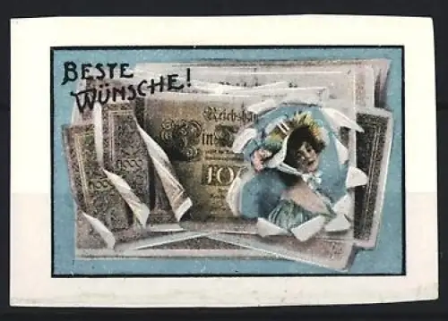 Reklamemarke Geldscheine mit Frauenporträt, Beste Wünsche