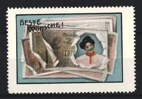 Reklamemarke Beste Wünsche, Frau und Geldscheine