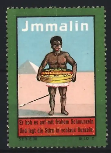 Reklamemarke Jmmalin, Mann mit Schuhputz-Dose vor Pyramide