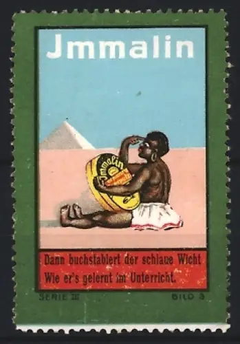 Reklamemarke Jmmalin, Mann mit Schuhcreme-Dose vor Pyramide