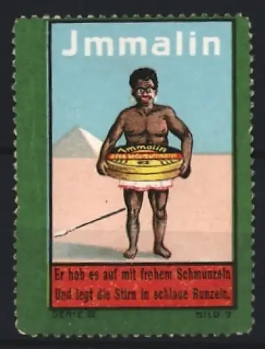 Reklamemarke Jmmalin, Mann mit Schuhcreme und Pyramide