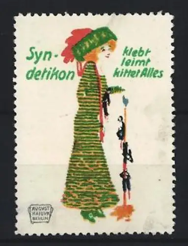 Künstler-Reklamemarke August Hajduk, Syndetikon, Frau mit Leimflasche