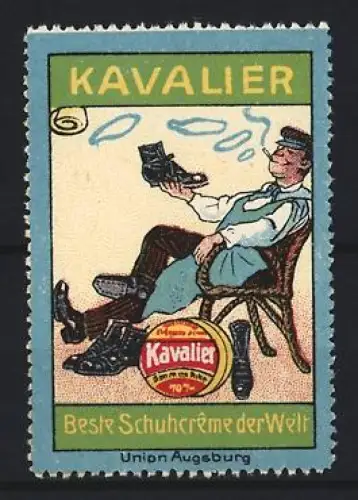 Reklamemarke Union Augsburg, Kavalier Schuhcreme, Schuhpflegemittel, sitzender Mann mit Schuh