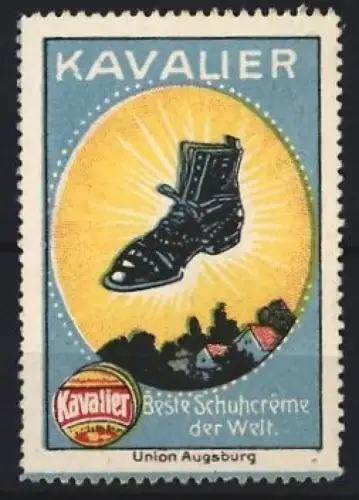Reklamemarke Union Augsburg, Kavalier Schuhcreme, Schuhpflegemittel, Schuh im Sonnenstrahl