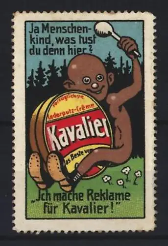Reklamemarke Kavalier Lederputz-Crème, Schuhpflegemittel, Kind mit Bürste und Dose