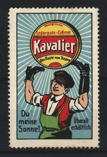 Reklamemarke Kavalier Lederputz-Crème, Schuhpflegemittel, Mann mit Dose und Stiefeln an den Händen