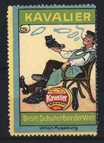 Reklamemarke Kavalier Schuhcreme, Schuhpflegemittel, rauchender Mann mit Schuh