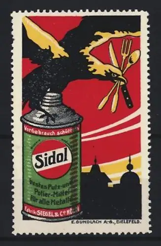 Reklamemarke Sidol, Polier-Mittel für Metalle, Adler mit Besteck