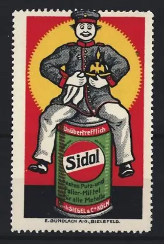 Reklamemarke Köln, Siegel & Co., Sidol Metall-Poliermittel, Soldat mit Pickelhaube auf Dose