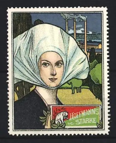 Reklamemarke Hoffmann, Speisestärke, Frau mit Haube und Fabrik im Hintergrund