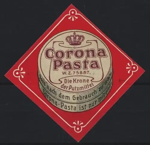 Reklamemarke Corona Pasta, Reinigungsmittel, Dose mit Kronenmotiv