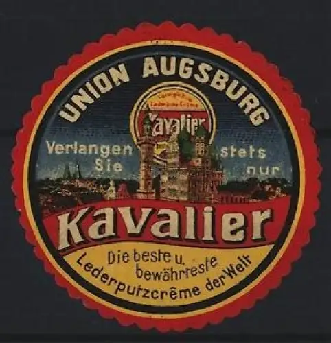 Reklamemarke Augsburg, Kavalier Lederputzcréme, Schuhpflegemittel, Ortsansicht