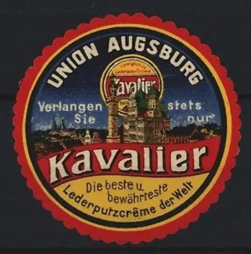 Reklamemarke Augsburg, Kavalier Lederputzcrème, Schuhpflegemittel, Ortsansicht