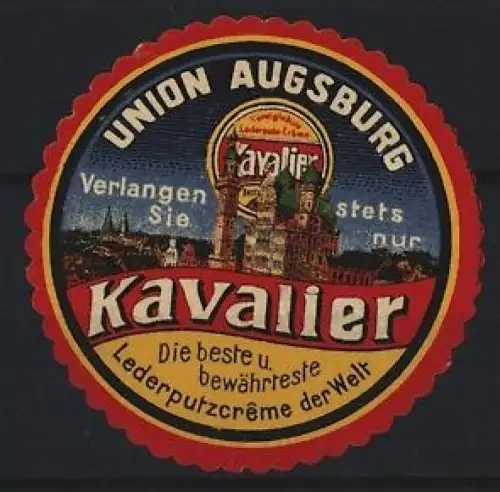 Reklamemarke Union Augsburg, Kavalier Lederputzcrème, Schuhpflegemittel, Ortsansicht