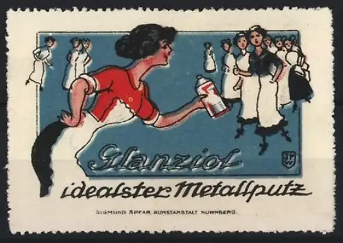 Künstler-Reklamemarke Johann Peter Werth, Glanzol, Metallpolitur, Frau mit Putzmittel