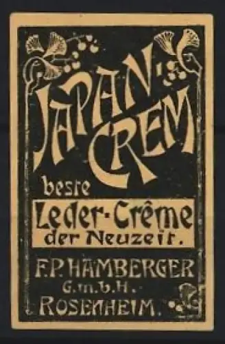 Reklamemarke Rosenheim, F.P. Hamberger, Japan-Crem, Leder-Crème, Logo mit Blütenmotiv