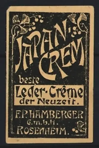 Reklamemarke Rosenheim, F.P. Hamberger, Japan-Crem, Leder-Crème, Logo mit Blütenmotiv