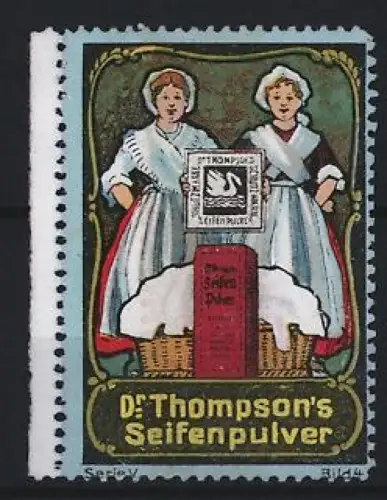 Reklamemarke Dr. Thompson, Seifenpulver, Zwei Frauen mit Wäschekörben